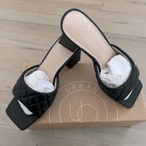 Black square toe block heel sandals